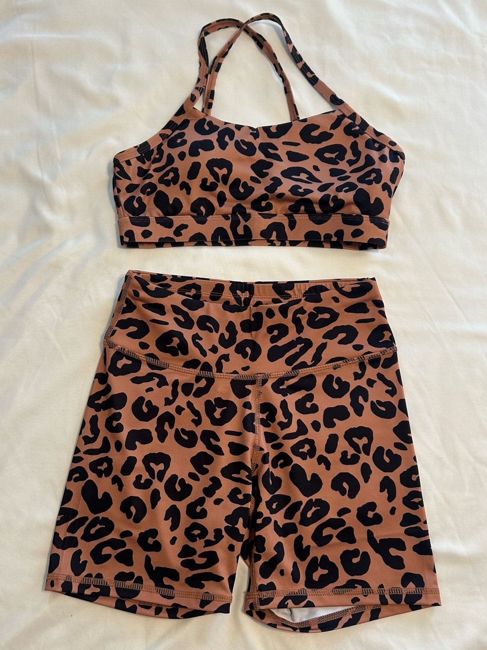 Women's Leopard Print Sports Bra and Bike Shorts Set - Size Small